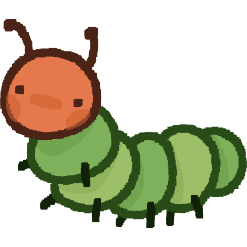 A pixelated style drawing of a simplistic caterpillar, it's body has alternating shades of green with its head as a dull orange-red color.